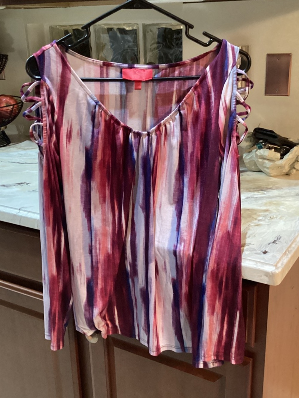 Jennifer Lopez Strappy Cold Shoulder Top in Berry, Purple, and White